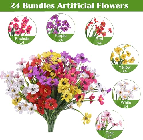 Bassion 24 Bundles Artificial Flowers for Outdoors Decorations, Mixed - color: Mix Color