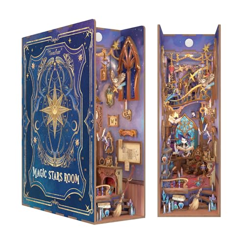 Tonecheer DIY Book Nook Kit for Adults,3D Wooden Puzzle Bookend Bookshelf Insert Library Decor, Booknook Miniature House Kit with Body Motion Sensor LED Light (Magic Stars Room) - color: Magic Stars Room