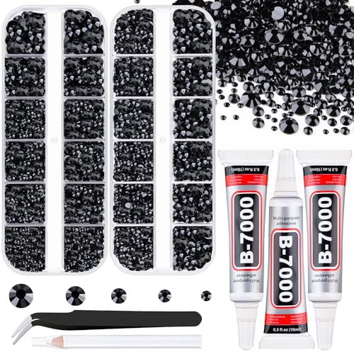 Resin Rhinestones for Crafting with B7000 Jewelry Glue, 2 Boxes Black Flatback Crystals with 3Pcs 10ml Glue for Bedazzling Crafts DIY Nail Art Makeup，Non Hotfix Gems for Clothing Shoes - color: Black, size: 2 Small Pack with Glue
