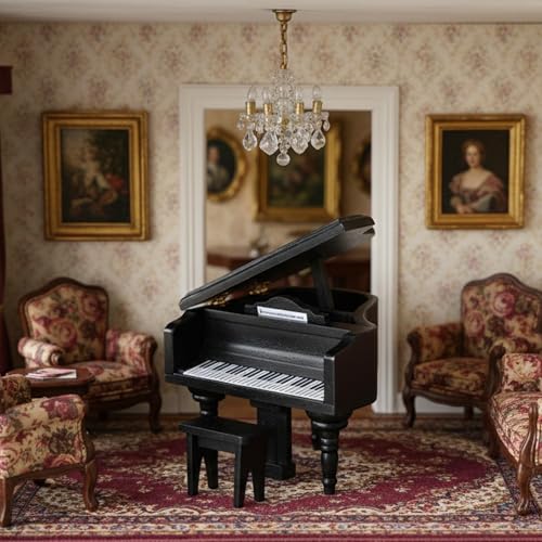 Miniature Piano for Dollhouse Furniture Upright Grand Piano with Stool Instrument 1 12 Ornament Artificial House Scene Accessories Desktop Decoration - style: Black