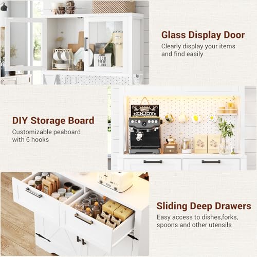 Unikito 71" Kitchen Pantry Cabinet with LED Light & Outlet, Microwave Stand - color: White+rusitc, size: 32 Inch