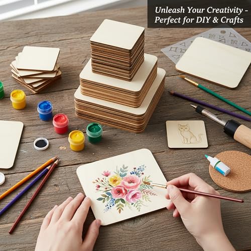 48 Piece Unfinished Blank Wood Sheets,3 Different Size Wood Square Slices Cutouts for Wood Burning Projects, Decoration DIY Wooden Craft Art Supplies - color: Square - 3 Size Set