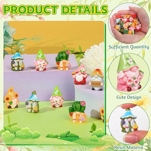 60 Pcs Spring Mini Gnomes Figurines 6 Style Spring Miniature Resin Gnome Decorations with Sunflower Cactus Flowers for Fairy Garden Landscape Aquarium Tiered Tray Home Dollhouse Desk Decor - color: Spring