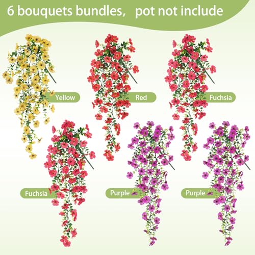 Artificial Hanging Flowers for Outdoors Summer Decor, 6 Bundles UV Resistant Realistic Faux Silk Flowers, Fake Plants for Planter Indoor Outside Garden Porch Patio Balcony Yard Farmhouse - color: Multicolorsa