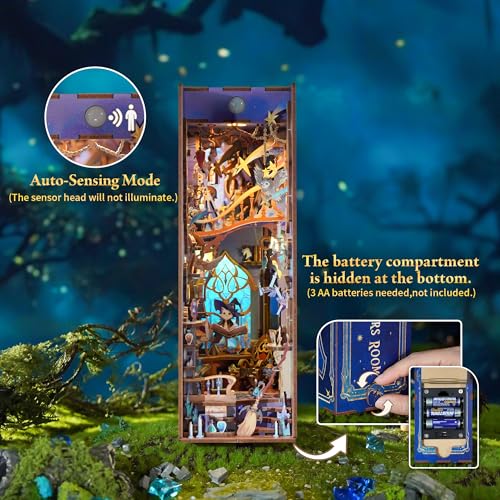 Tonecheer DIY Book Nook Kit for Adults,3D Wooden Puzzle Bookend Bookshelf Insert Library Decor, Booknook Miniature House Kit with Body Motion Sensor LED Light (Magic Stars Room) - color: Magic Stars Room