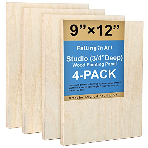 Falling in Art 4 Pack 9x12’’ Unfinished Birch Wood Panels Kit for Painting - size: 9'' x 12'' Studio