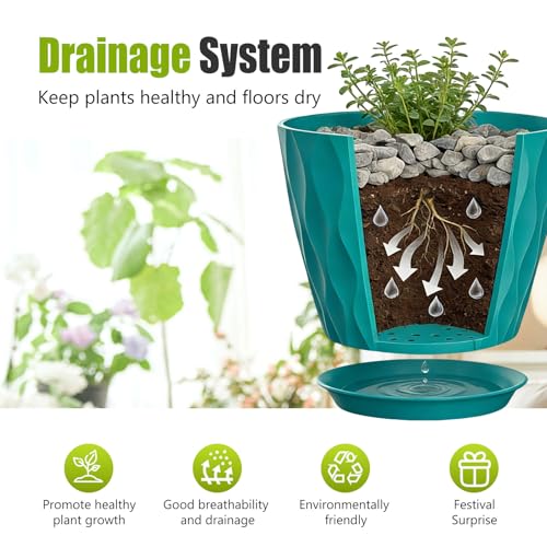 8 Inch Plastic Plant Pots,Set of 5 Flower Pots,Planters with Drainage Holes & Saucers, Indoor Outdoor Garden Pots for Home Decor(Blue-Green) - color: Blue-green