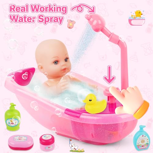 deAO 12" Baby Doll Bath Playset Functional Bathtub Detachable Shower - color: Pink