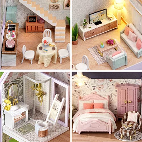 Spilay Dollhouse DIY Miniature Wooden Furniture Kit,Mini Handmade Doll House with LED,1:24 Scale Creative Woodcrafts for Adult Friend Lover Birthday Gift D32 - color: Happy House