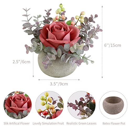 Small Artificial Pink Rose Potted Plant, Mini Faux Floral Decor - color: Pink