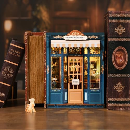 Book Nook Kit, DIY Miniature House Kit for Adults & Teens, Vintage Bookstore Scene Bookshelf Insert Decor with LED, 3D Wooden Puzzle Gift for Book Lovers (Pergola Reading Room) - style: Pergola Reading Room