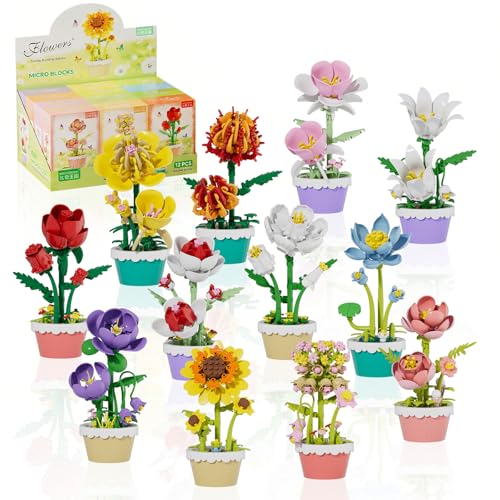 Flower Building Blocks, 12 PCS Assorted Mini Flower Pot Building Set, Artificial Flowers Botanical Collection for Home Decor, Birthday Gifts for Adults & Collectors - color: Rainbow