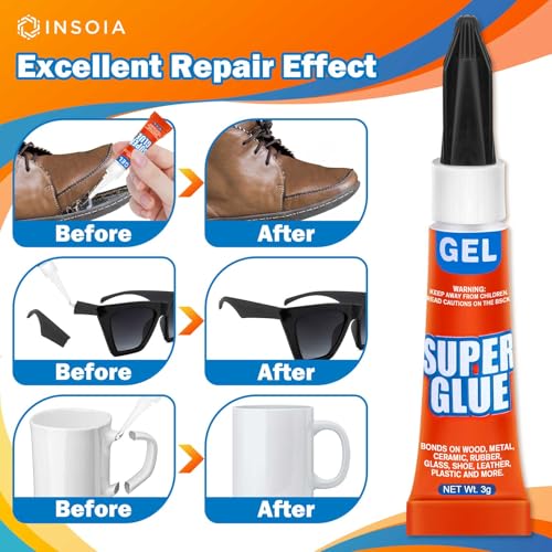INSOIA Super Glue Gel Clear, 6 x 3g, All Purpose Non-Drip Single-Use - style: Gel