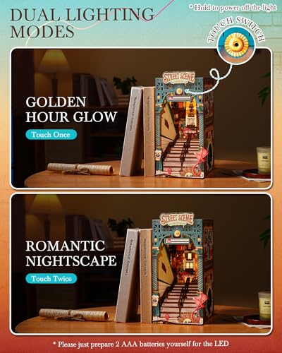 Rolife DIY Book Nook Kits Sunset Street Scene, Endless Stairs Bookshelf Decor 3D Wooden Puzzles for Adults, DIY Miniature House Model Building Kits, DIY Crafts/Birthday Gifts for Teens & Book Lovers - color: Street Scene