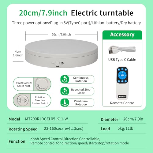 Remote-Controlled Motorized Turntable,360° Silent Spinning Display Stand,Speed-Adjustable Rotating Turntable,Multi-Mode Rotating Display Base,Rotating Display Stand for 3D Scan(7.87inch/White) - size: 7.87inch/White/11Lbs Load