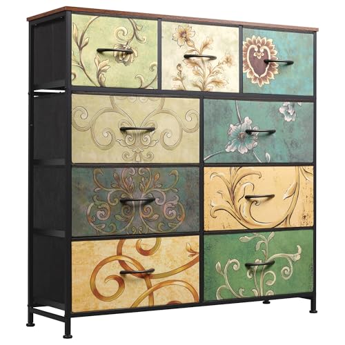 WLIVE Tall Dresser for Bedroom, 9 Drawer Chest of Drawers, Floral - color: Floral Painted