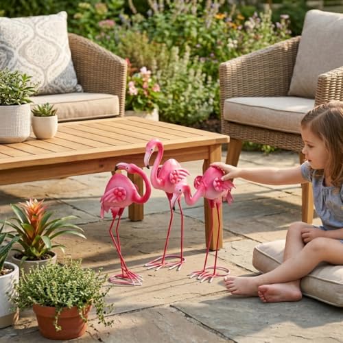 3Pcs Pink Flamingo Garden Statues 15" Metal Flamingo Luau Party Decorations - color: 3 Pack Flamingo