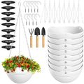Hanging Planters, Set of 9 White Hanging Pots, 8" Hanging Flower Pots, Plant Pots with Drainage Plugs, Water Barrier and Chains, Come with Free Mini Garden Tools Set