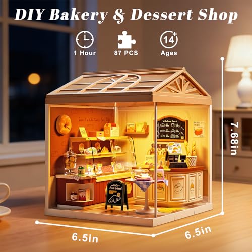 Bread Shop Miniature House Kit with LED Light, 87 Pcs DIY Mini Dollhouse with Roof & Dust Covers for Mini Figures Tiny House Toy for Adults - color: Bread Shop