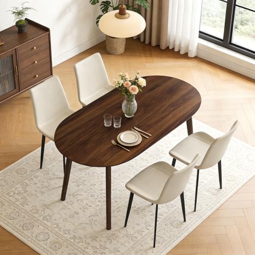 63" Oval Dining Table Set for 4 with Solid Wood Legs - color: Walnut Table Beige Chairs