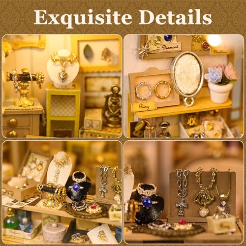 fifijoy DIY Miniature Dollhouse Kit - Jewelry Shop DIY Miniature House Kit for Adults and Teens, 3D Wooden Puzzle Tiny House Model with LED Light, Unique Gift for Family, Friends (Vitrine’s Tale) - color: Vitrine's Tale