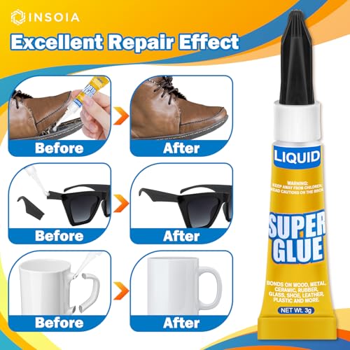 INSOIA Super Glue Liquid Clear, 6 x 3g, All Purpose Single-Use - style: Liquid