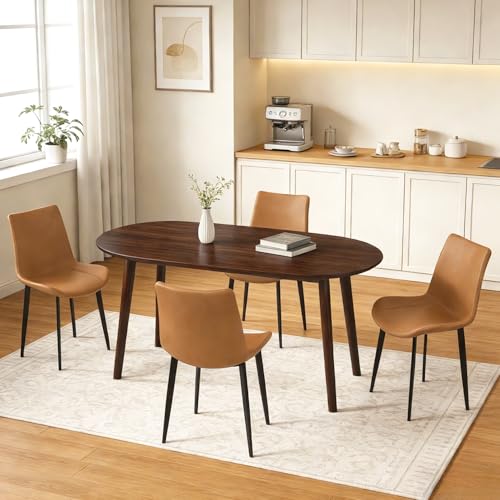 63" Oval Dining Table Set for 4 with Solid Wood Legs - color: Walnut Table Brown Chairs