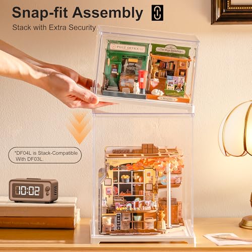 Rolife Acrylic Display Case for Miniature House and Collectibles, Clear Dust Cover Showcase with Door, Stackable Storage Box with White Base(8.1 x 6.9 x 5.4in) - size: 8.1"x6.9"x5.4"