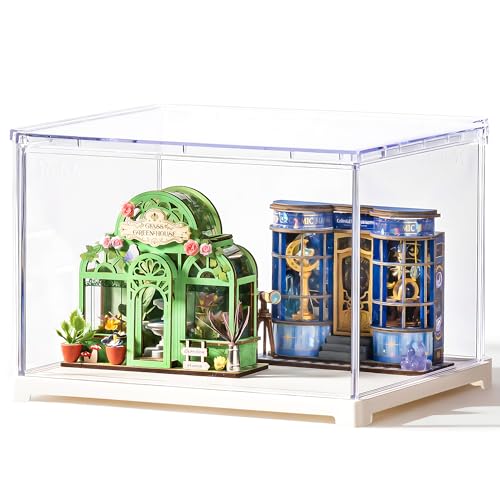 Rolife Acrylic Display Case for Miniature House and Collectibles, Clear Dust Cover Showcase with Door, Stackable Storage Box with White Base(8.1 x 6.9 x 5.4in) - size: 8.1"x6.9"x5.4"