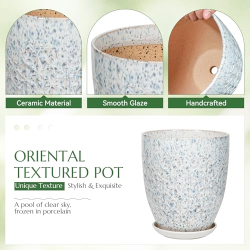 9.5 Inch Flower Pots for Indoor Plants,Ceramic Planter with Saucer Drainage Leak-Proof Mesh Gardening Gloves (Spotted Blue) - color: Spotted Blue, size: 9.5 Inch