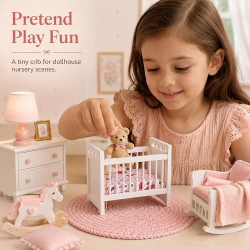 Garneck 1:12 Wooden Dollhouse Crib Miniature Nursery Bed with Bedding White