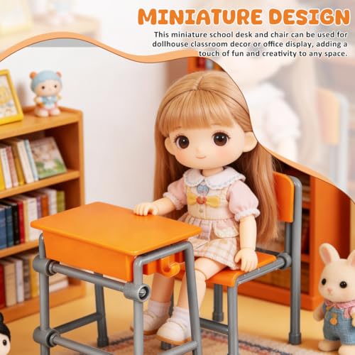 Toddmomy Dollhouse Desk and Chair Set 4 Miniature School Desks and 4 Chairs Mini House Furniture for Dollhouse School Model Classroom Decor Office Display Tiny Furniture Miniatures