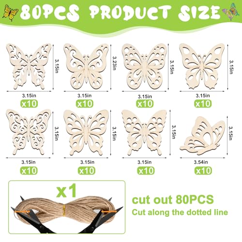 80PCS Unfinished Ornament Wood Crafts, Painting Blank Wooden Cutouts - color: Butterfly