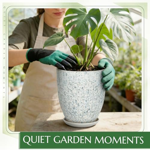 9.5 Inch Flower Pots for Indoor Plants,Ceramic Planter with Saucer Drainage Leak-Proof Mesh Gardening Gloves (Spotted Blue) - color: Spotted Blue, size: 9.5 Inch
