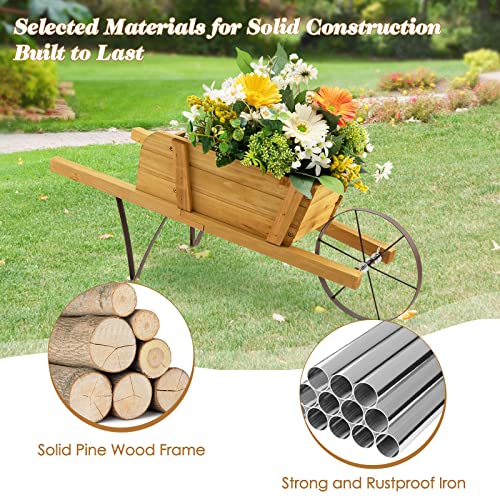 S AFSTAR Wood Wheelbarrow Planter, Flower Plant Pot Cart w/Metal Wheel & 9 Replaceable Magnet Accessories, Wooden Wagon Planter Decor for Outdoor Garden Backyard (Natural) - color: Natural