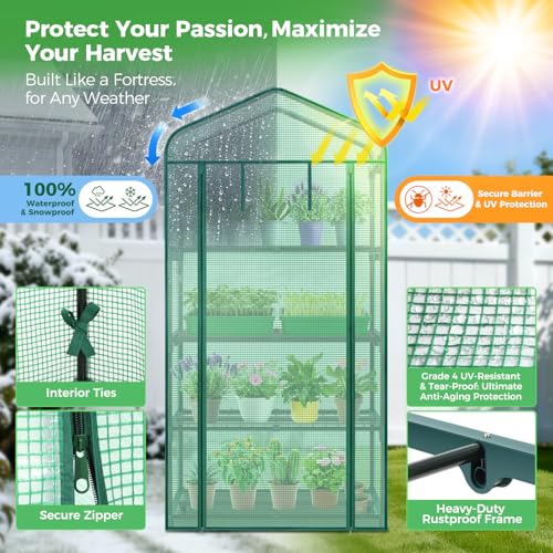 Ohuhu Mini Greenhouse for Indoor Outdoor, 27 x 19 x 62-Inch Small Plant Green House 4-Tier Rack Stand Portable Greenhouses with Durable PE Cover for Seedling, Ideal Gardening Gifts for Women Men - color: Green, size: 4 Tier Single Layer Roof