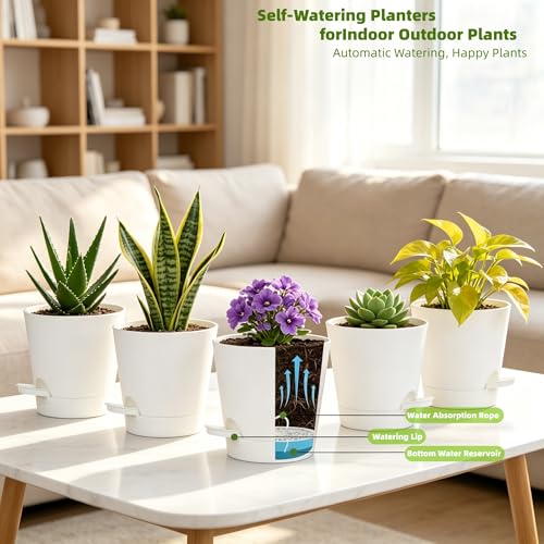 5 Pack 5 Inch African Violet Pots Self Watering, Self-Watering Planters with Drainage Holes & Reservoir, White Plastic Pots for Indoor Outdoor Plants, Succulents & Flowers - color: White, size: 5 inch 5 pcs