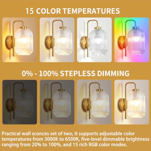 Vintage Battery Operated Wall Sconces, Clear Glass Lampshade - color: Gold-Clear Shade