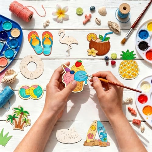 80PCS Unfinished Ornament Wood Crafts, Painting Blank Wooden Cutouts - color: Summer