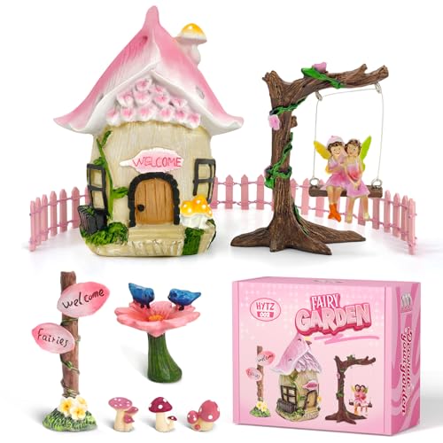 DONABELA Fairy Garden Decor Kit Pink Resin Miniature House Figurines Set Swing Directional Sign Bird Drinking Pool Fence Little Mushroom Outdoor Tiny Accessories Supplies - style: Petal house