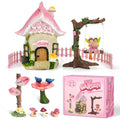 DONABELA Fairy Garden Decor Kit Pink Resin Miniature House Figurines Set Swing Directional Sign Bird Drinking Pool Fence Little Mushroom Outdoor Tiny Accessories Supplies - style: Petal house