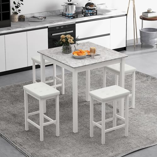 Giantex Dining Table Set for 4, Counter Height Dining Set with 4 Bar Stools, Space-Saving Kitchen Table Chairs Set for Small Place, Dinette, Breakfast Nook (White) - color: White