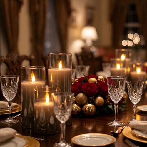 NICEME Radiance Evanescing Flameless Candles with Remote, 3 Pack Glass Battery Operated Candles with Timer, Real Wax Glass LED Candles Flickering Wedding Home Party Christmas D3 x H4 5" 6" Gray - color: White + Gray Acrylic, size: D 3”×H 4”5”6”