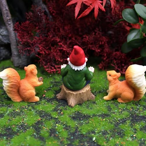 Miniature Garden Gnome with Squirrels, Meditation Fairy Garden Decor Set, 3 inch Tiny Gnome Figurine with 2 inch Squirrels, Plant Pot Decor 3-Piece - style: Meditation Gnome with Squirrels