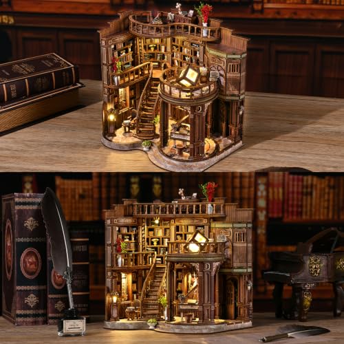fifijoy DIY Miniature Dollhouse Kit - DIY Miniature House Kit with LED Lights, 3D Wooden Puzzle Library Bookshelf Decor for Adults, Creative Gift for Family, Friends (Dreamy Book Hall) - color: Dreamy Book Hall