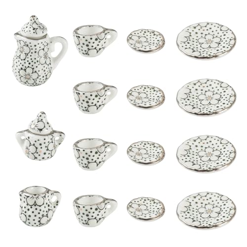Floral Ceramic Tea Set Ornament Mini Porcelain Dollhouse Decor - color: Black