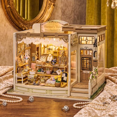 fifijoy DIY Miniature Dollhouse Kit - Jewelry Shop DIY Miniature House Kit for Adults and Teens, 3D Wooden Puzzle Tiny House Model with LED Light, Unique Gift for Family, Friends (Vitrine’s Tale) - color: Vitrine's Tale