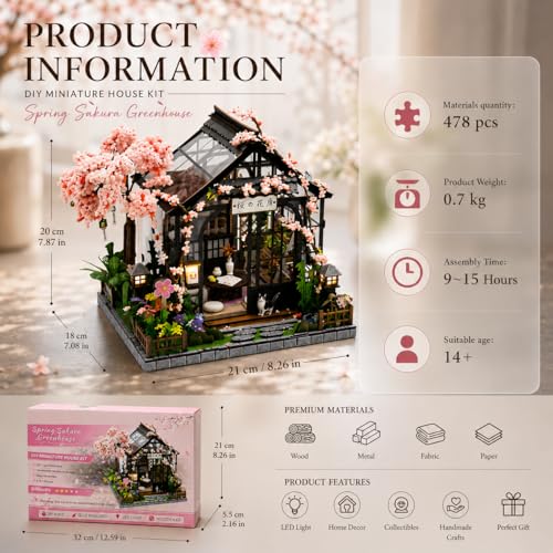 Roroom DIY Miniature House Kit, Dollhouse Kit with Dust Cover & LED Lights - color: Spring Sakura Greenhouse