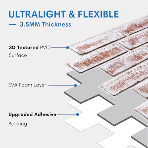 COMSTICKC 3D Faux Brick Wall Panels Peel and Stick, 10 Pcs 15.7" x 11.8" - color: Whitewashed Red Brick