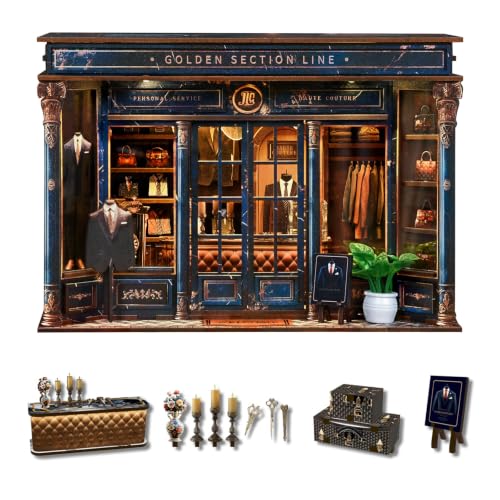 fifijoy DIY Miniature Dollhouse Kit - 3D Wooden Puzzle Book Nook Kit with LED Light, Miniature House Bookshelf Insert Decor for Adults, Creative Gift for Family and Friends (Golden Section Line) - color: Golden Section Line